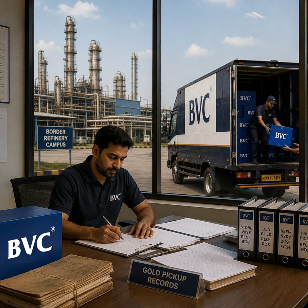 Multiple jewellery stores linked to a BVC truck carrying crates of gold to a refinery, with a documentation checklist